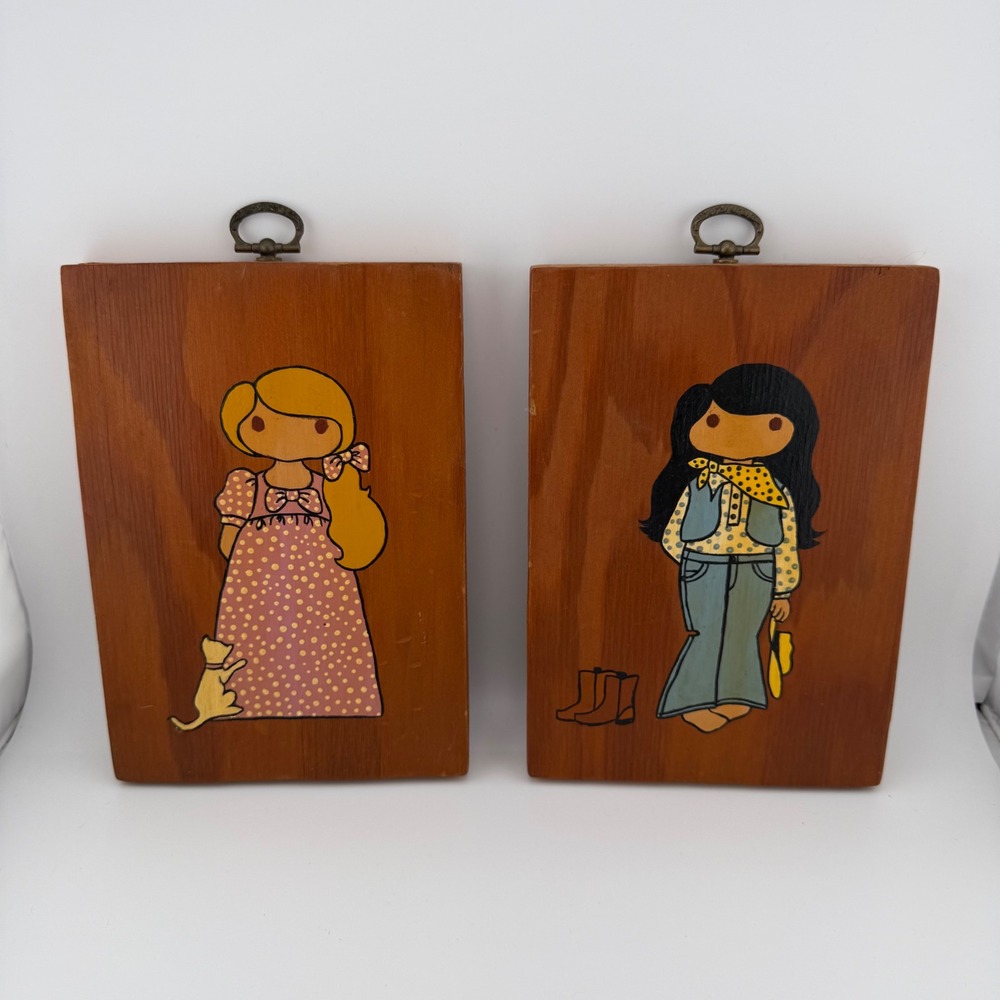 Vintage Handmade Solid Wood Wall Plaques Hand Painted Girls Folk Art Set of 2